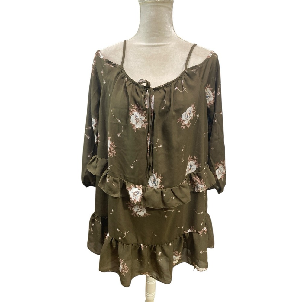Glamorous Dark Green Beige Floral Dress Size 12 Tiered Lined Off Shoulder